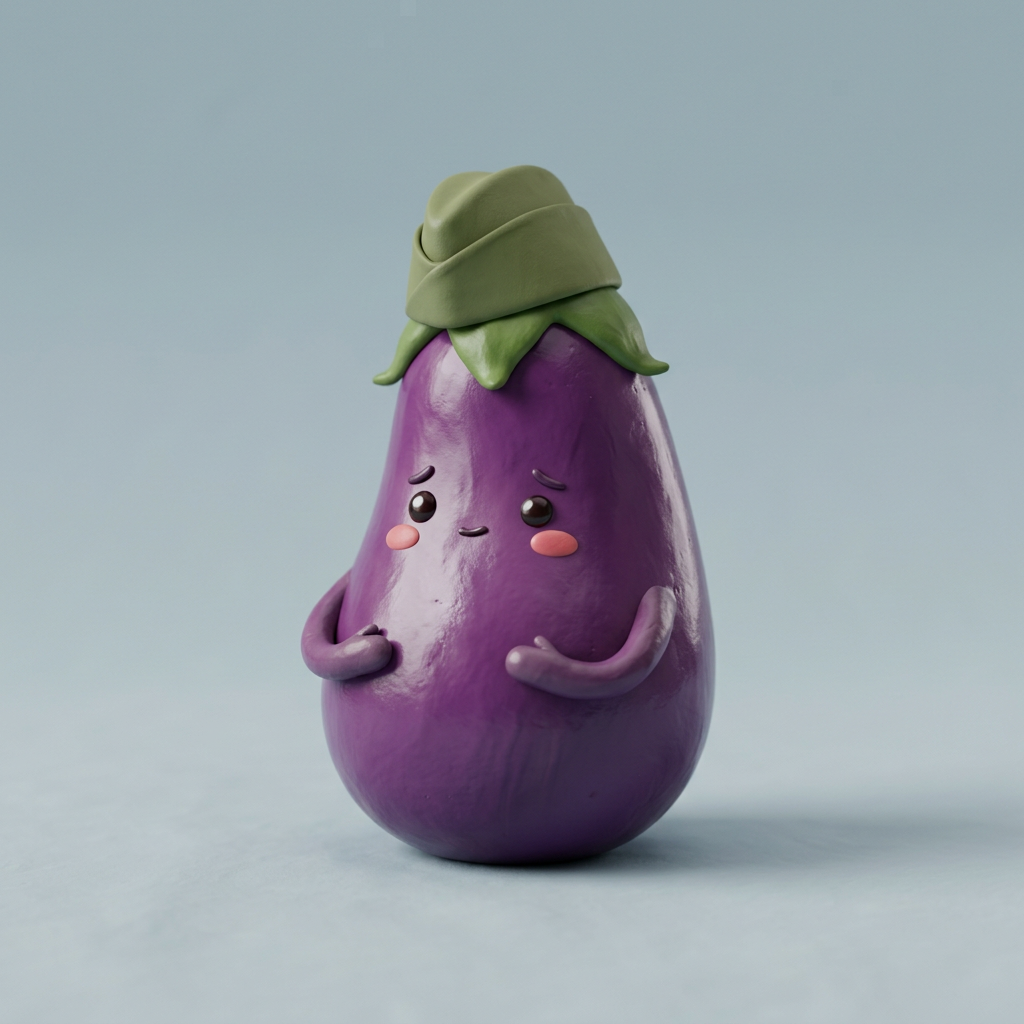 Una berenjena de plastilina con gorrilla. Ilustración.