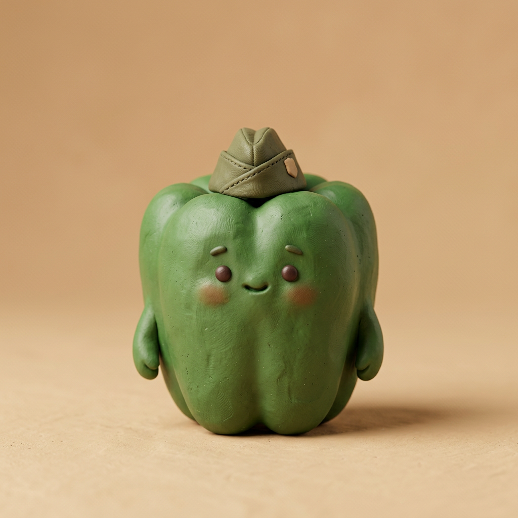 Un pimiento verde de plastilina con gorrilla. Ilustración.