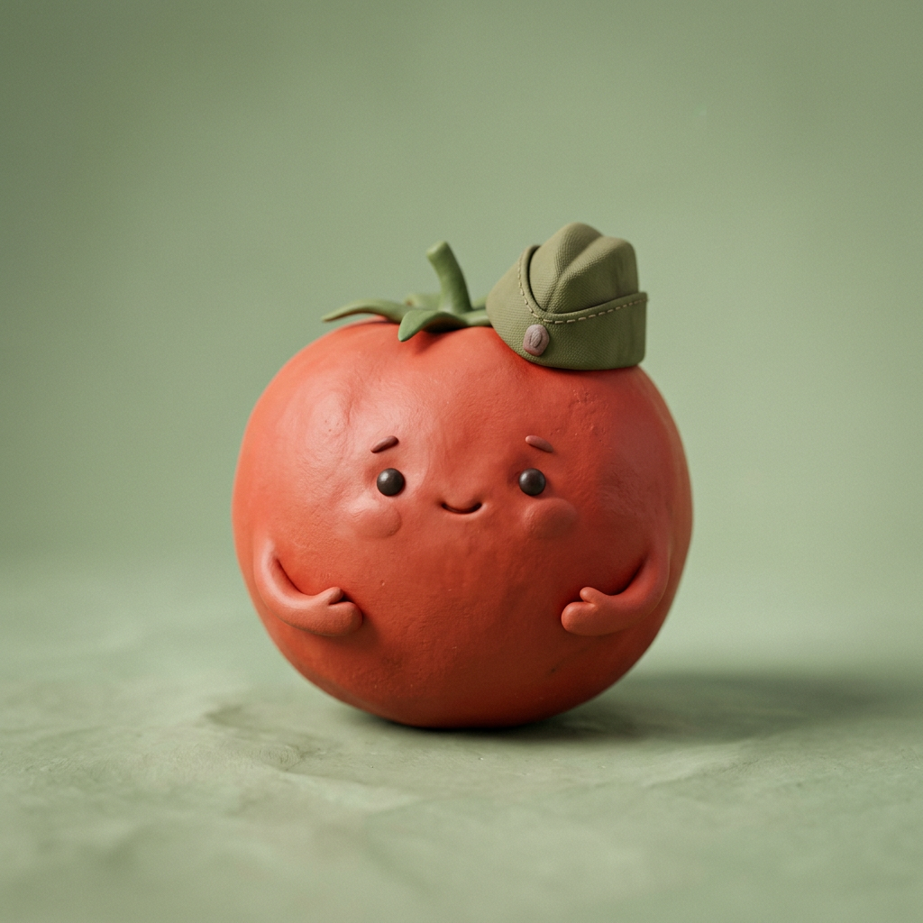 Un tomate de plastilina con gorrilla militar verde. Ilustración.