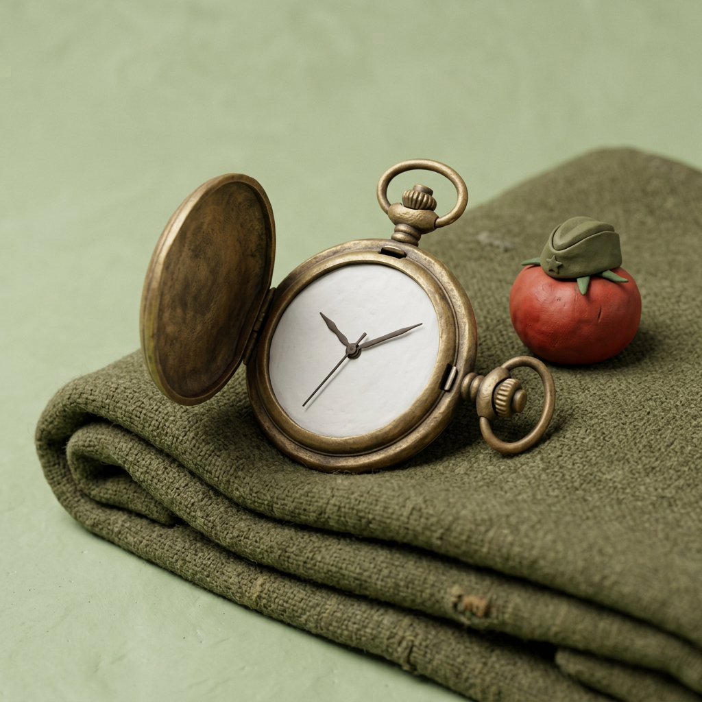Un reloj de bolsillo abierto sobre una manta verde, junto a un tomate de plastilina con gorrilla. Ilustración.