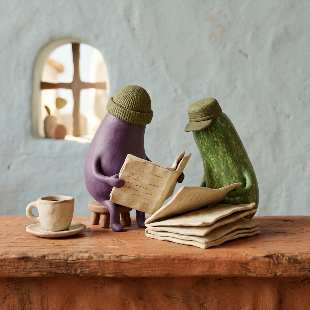 Una berenjena con gorro y un calabacín con gorra leen juntos unas hojas sobre una mesa, con una taza de café. Ilustración.