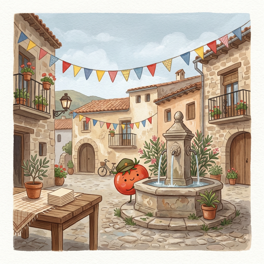Acuarela de una plaza de pueblo con banderines, una fuente y un tomate con gorrilla asomado. Ilustración.